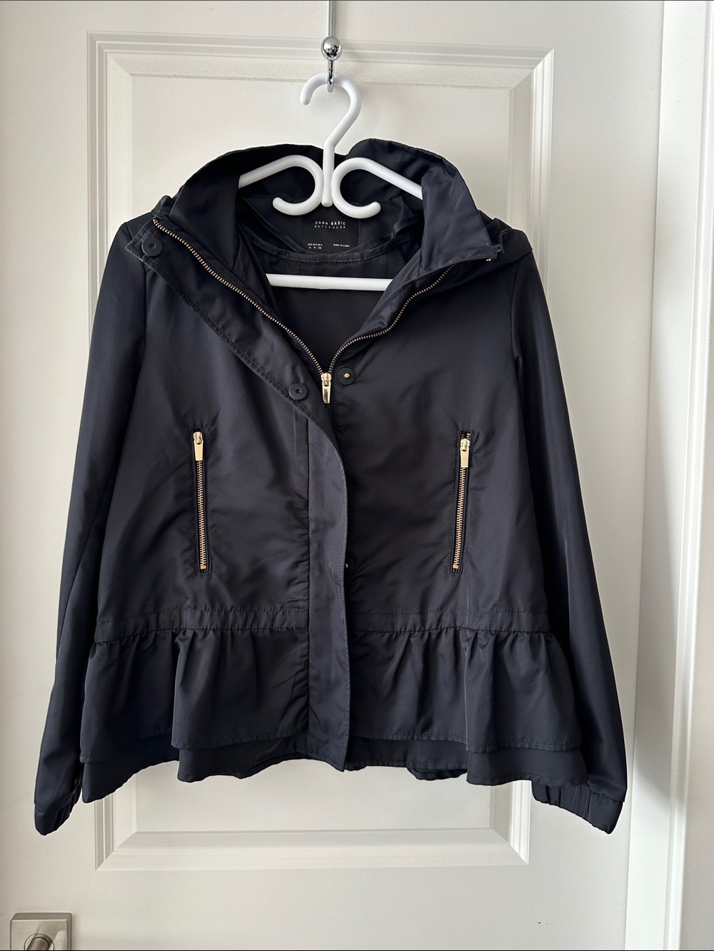 Zara Navy Lightweight Hooded Jacket with Ruffle Hem